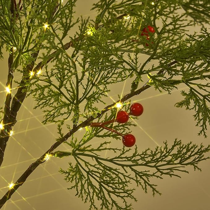 Fudios Lighted Pine Garland with Timer Red Berry Decor 80 LED 6FT Battery Operated USB Plug in,Lit Christmas Garland Cypress Leaves Lights for Home Mantle Inside