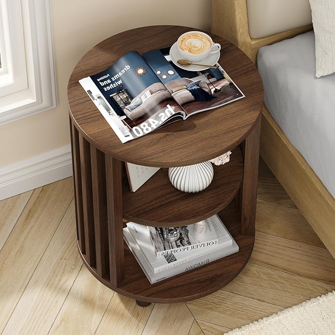 Round End Table, Wood Bedside Table, Mid Century Modern Nightstand with Open Storage Shelf, 3 Tier Small Side Tables for Living Room, Bedroom, Curved Profile Design, Walnut(2-Pack)