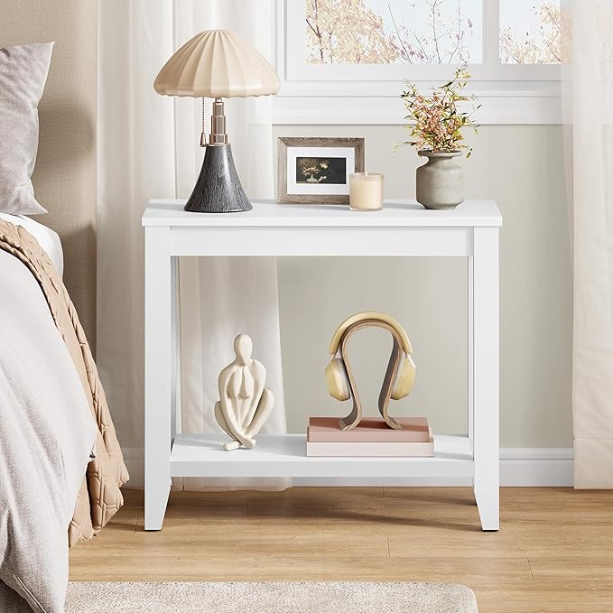 Hoctieon End Table with Double Storage Shelves, Sturdy Wooden Side Table for Living Room, Bedroom, Modern Nightstand Sofa Table for Small Spaces, White, Set of 2