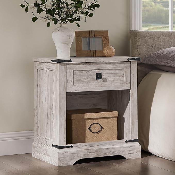 T4TREAM 24" Farmhouse Nightstand with Charging Station, Large End Table with Drawer and Open Storage Cabinet, Rustic Wood Bedside Table Sofa Table for Bedroom, Antique Brush White