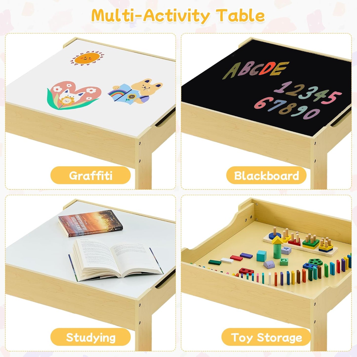 Kids Table and Chair Set, 3 in 1 Wooden Activity Table with Detachable Tabletop, Toddler Table and Chair Set with Storage Drawer, Kids Play Table for Children Art, Craft, Eating, Learning