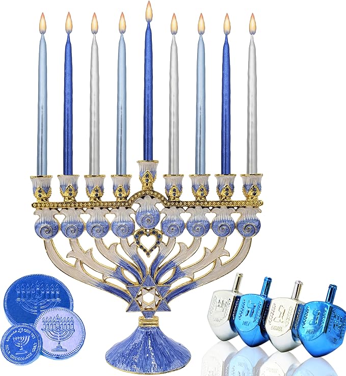 The Dreidel Company Metallic Multi Colored Blue & Silver Hanukkah Candles 1-Hour Burn Time Premium Tapered Hand Decorated Chanuka Candles, 45 Candles for All Eight Nights of Hanukkah