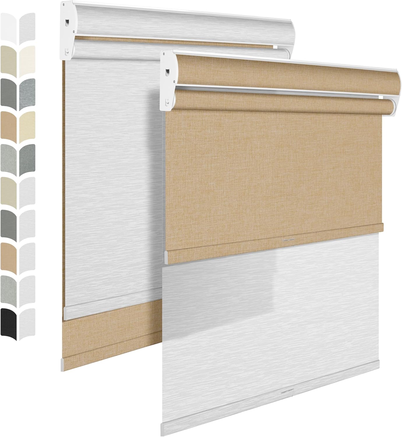 BERISSA Cordless Dual Roller Shades with Cassette Valance, Double Window Shades - Blackout and Light Filtering, Day and Night for Home Office Door. Linen Beige and White. 45 W x 56" H
