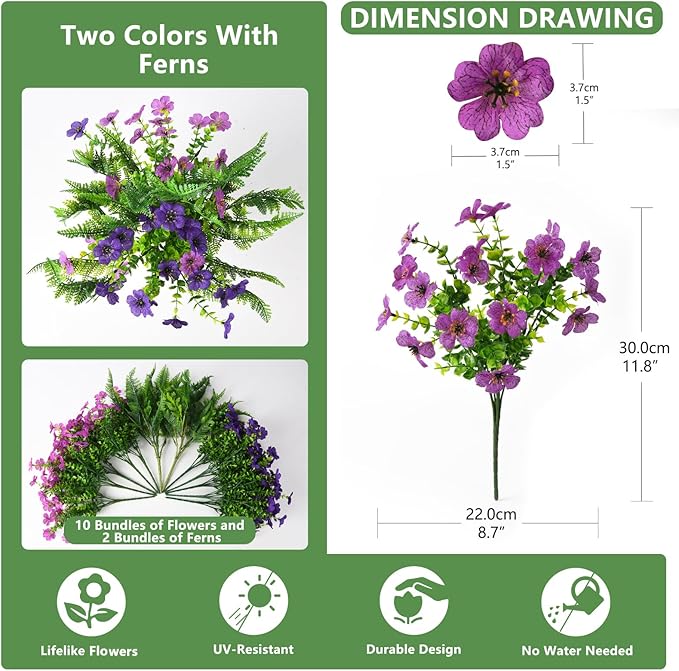 Artificial Flowers for Outdoors, 12 Bundles Multicolor Silk Fake Flower with Ferns for Spring Summer Decoration, UV Resistant No Fade Artificial Outdoor Plants for Home Planter Porch Patio Yard Decor
