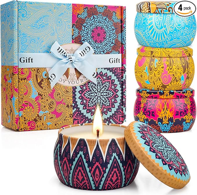 Holiday Candle Gift Set, 4 Pack Long Lasting Classic Bohemian Scented Soy Wax Candles with Fig, Lemon, Spring & Lavender Scents, Aromatherapy Candles for Home, Christmas Gifts for Everyone