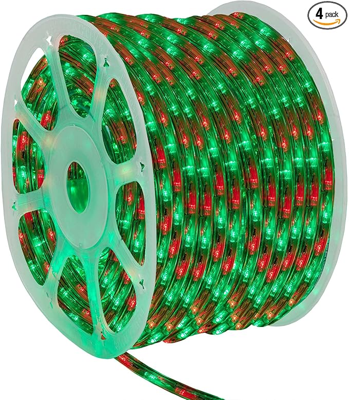 Wintergreen Lighting 150' Red and Green LED Rope Light, Christmas Outdoor Light Décor - LED Rope Lighting, 120V, ½ Inch, 2-Wire - Rope Light Clips and Power Cord Included