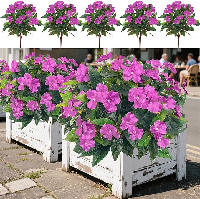 5PCS Artificial Impatiens Bouquet Flowers for Outdoors Silk Faux Flowers for Outdoor Fake Planters UV Resistant Spring Summer Indoor Decor Garden Porch Patio Window Kitchen Balcony, Purple