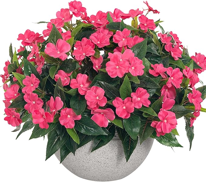 UUqueeten Fall Decorations for Home Fake Fall Flowers Fake Plants Artificial Impatiens Bouquet Flowers for Outdoors Silk Faux Flowers Impatiens Plants Decor Indoor Planters 15.7" (Rose Red) 8PCS
