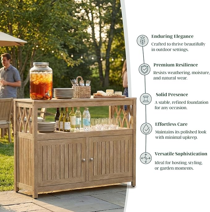 DTY Outdoor Living Longs Peak Eucalyptus Wood Sideboard Table, Outdoor Buffet Cabinet with Storage, Biscotti Weather-Resistant Finish