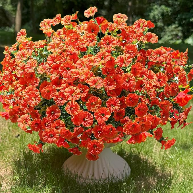 Artificial Fake Flowers Plant for Outdoors, 12 Bundles Faux Morning Glory UV Resistant Look Real Silk Flowers for Outside Planter Front Door Porch Patio Yard Decoration, (Fall Orange)