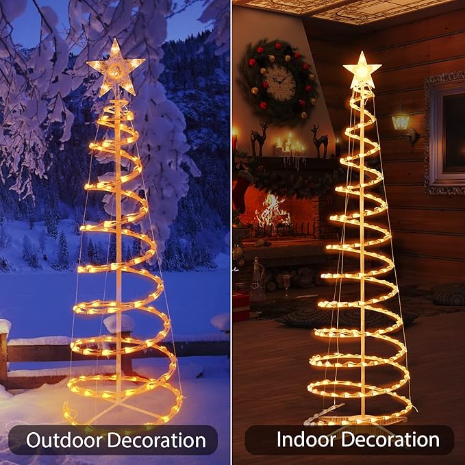 Set of 3 Spiral Outdoor Lighted Christmas Tree, 3/4/6 Feet Christmas Lights with 7" Star Topper, UL Certification Collapsible Spiraling Tree Light Kit for Xmas Patio Wedding Decoration, Warm White
