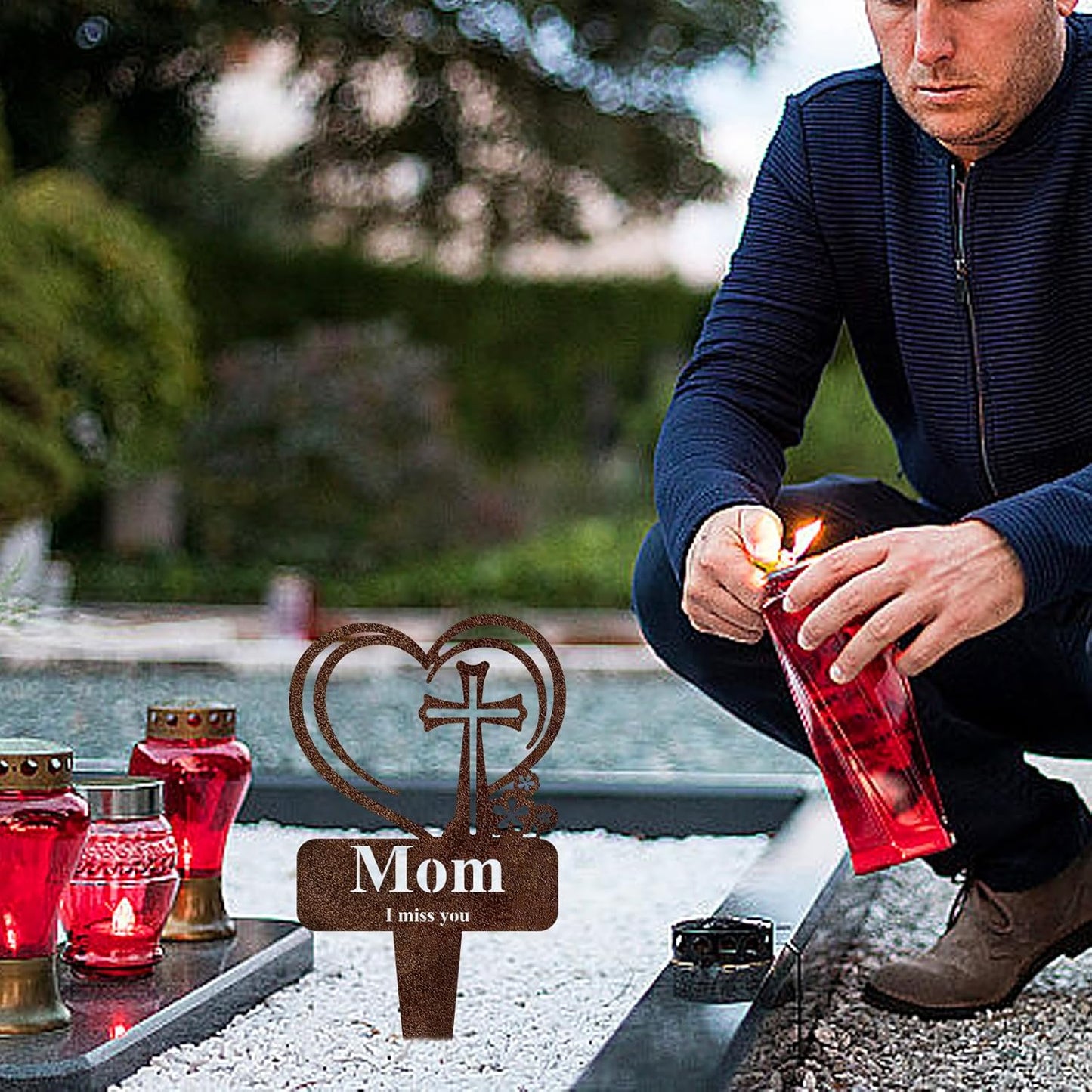 Mom Memorial Grave Stake, Cemetery Decorations for Grave Markers 12.5 x 7.2 inch Heart Metal Sympathy Stakes Graveside Plaque Decor Sign for Mother Graves, Yard, Garden - Rust-Mom