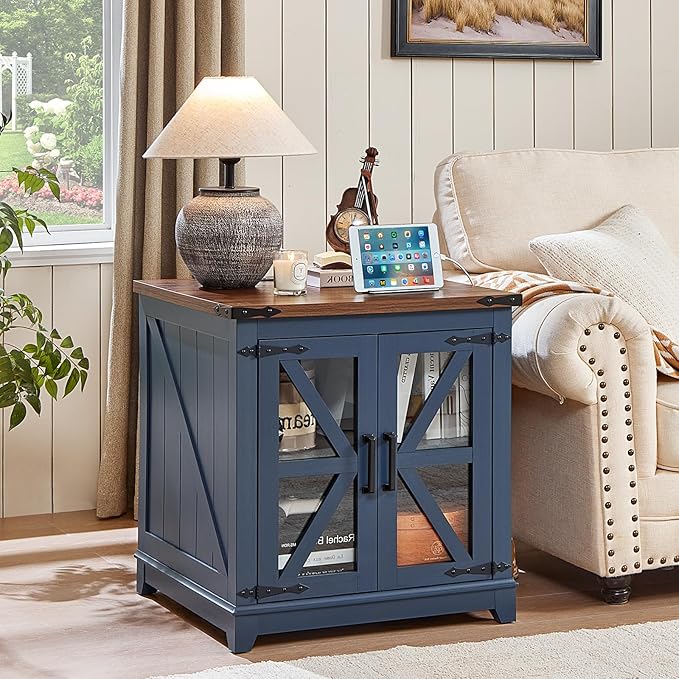 Farmhouse End Table,24" Large Sofa Side Table with Charging Station Glass Barn Door,Wood Nightstand with Adjustable Storage Shelf,Square Bedside Table for Living Room,Bedroom,Office-Blue
