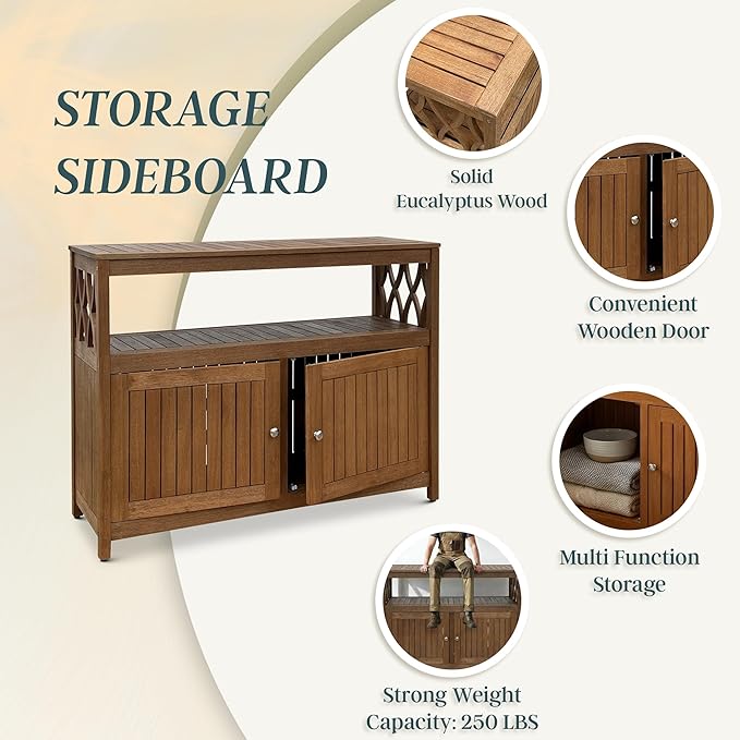 DTY Outdoor Living Longs Peak Eucalyptus Wood Sideboard Table, Outdoor Buffet Cabinet with Storage, Brown Weather-Resistant Finish