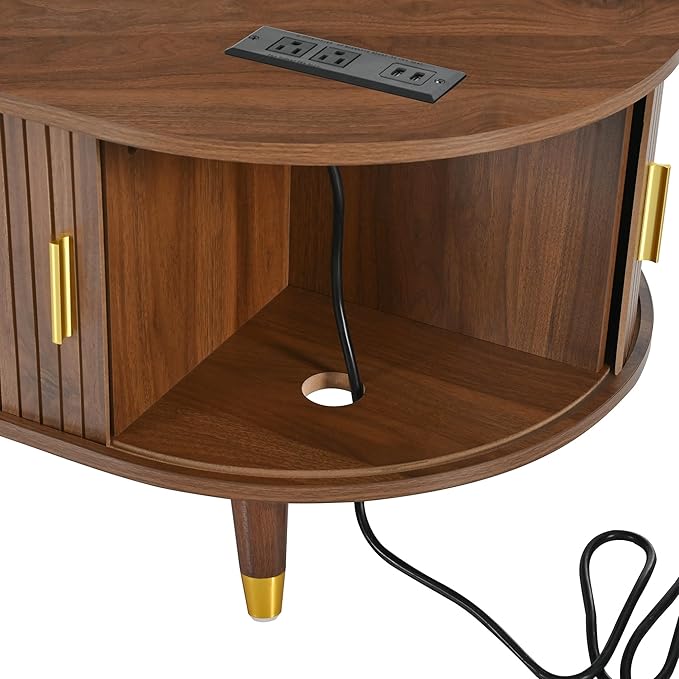 WILLIAMSPACE 42.5" Oval Coffee Table with Storage & Charging Station, Mid-Century Modern Center Table with Sliding Tambour Door, Farmhouse Tea Table with Solid Wood Legs for Living Room, Walnut