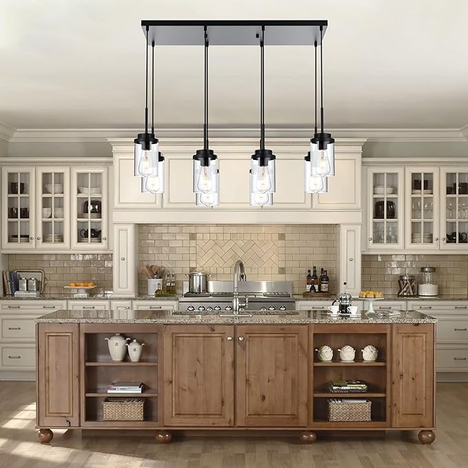 MELUCEE 8 Lights Linear Chandelier Lighting Black Island Light for Kitchen, 31.5 Inches Cluster Pendant Light Fixtures Hanging Foyer Lighting Dining Room Lights with Clear Glass Shade