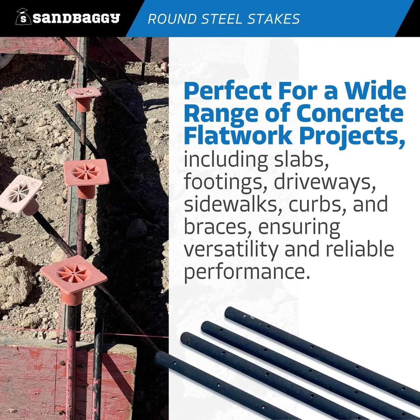 Sandbaggy Round Steel Concrete Form Stakes with Nail Holes - Rust Resistant Coating - Removable, Reusable (100, 3/4 in X 48 in)