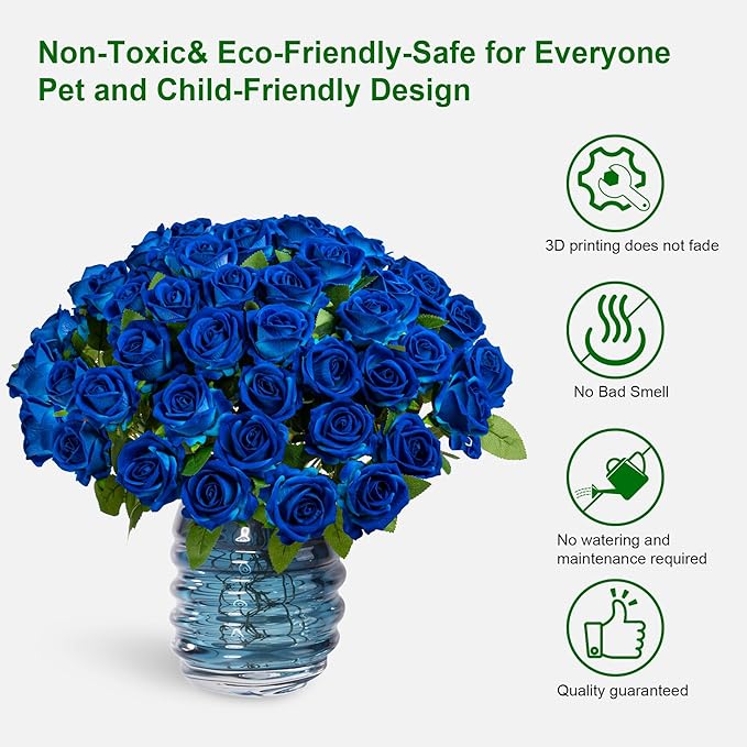 Artificial Flowers Roses Touch Fake Rose Bouquet Flower Stem for Wedding Centerpieces DIY Wreath Home Decorations Silk Roses Mothers Party Fake Outdoor Flowers Decor 19.6"(50PCS Blue)