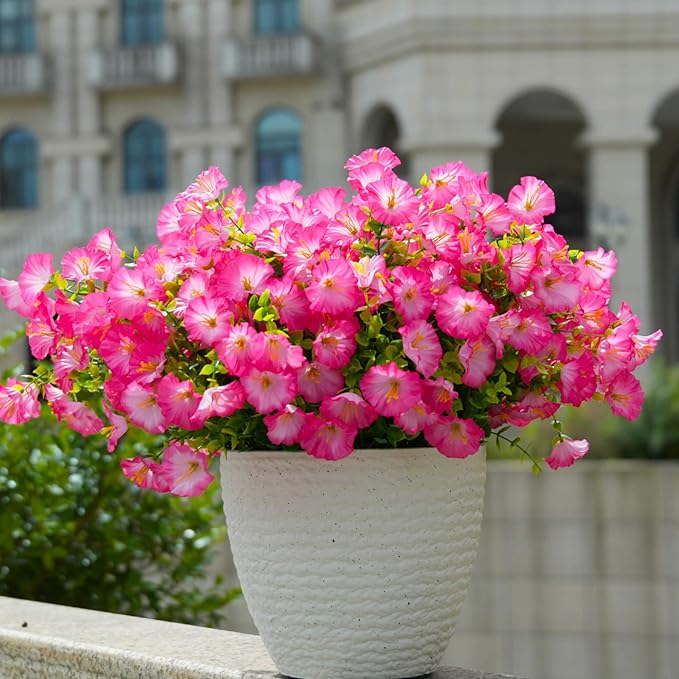 Artificial Flowers Fake Plants for Outdoor Indoor Decoration,16 Bundles UV Resistant Faux Plastic Flowers,Realistic Pink Morning Glory for Planter Porch Patio Home Table Wedding (Pink)