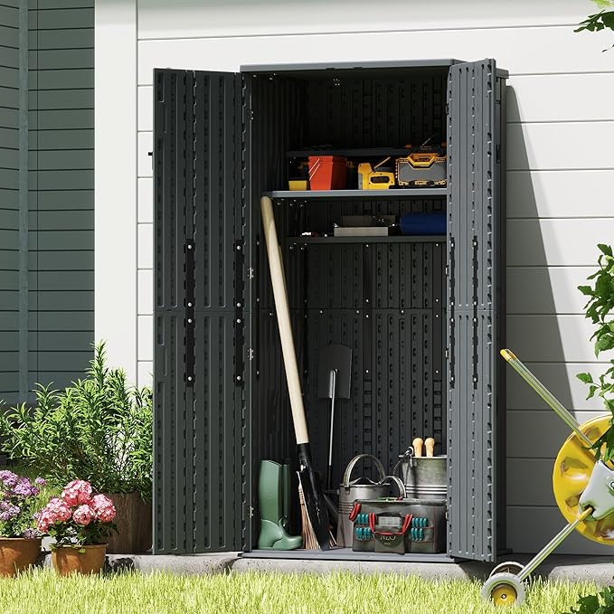 EHHLY Heavy Duty Tall Storage Cabinet Outdoor Weatherproof, 28 Cuft Garage Storage Cabinet with 4 Adjustable Shelves, Lockable Kitchen Pantry Closer Organizer, 31Wx23Lx66H, Sage Grey