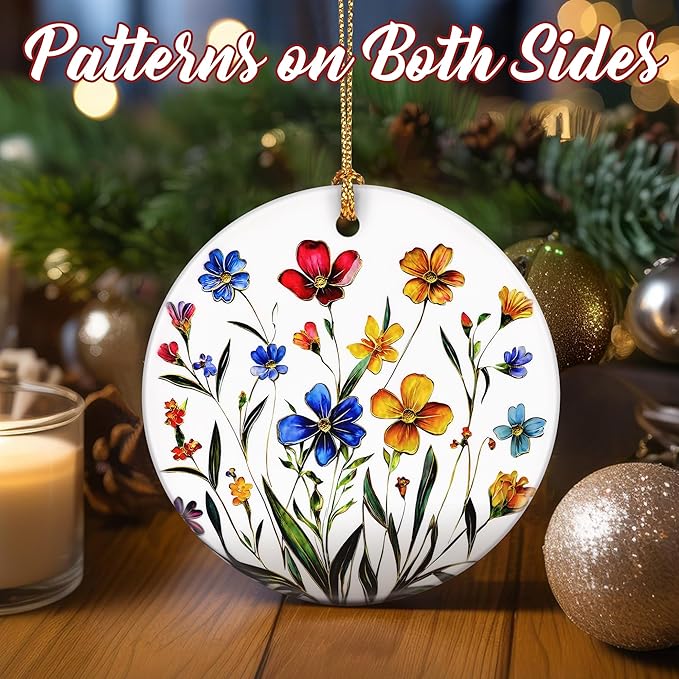 Christmas Ornaments, Dodosky 2.8in Ceramic Wildflower Ornament, Xmas Decor, Christmas Tree Ornaments, Xmas Decorations for Tree, Holiday Ornament, Flower Themed Gifts, Gifts for Women, Plant Lovers