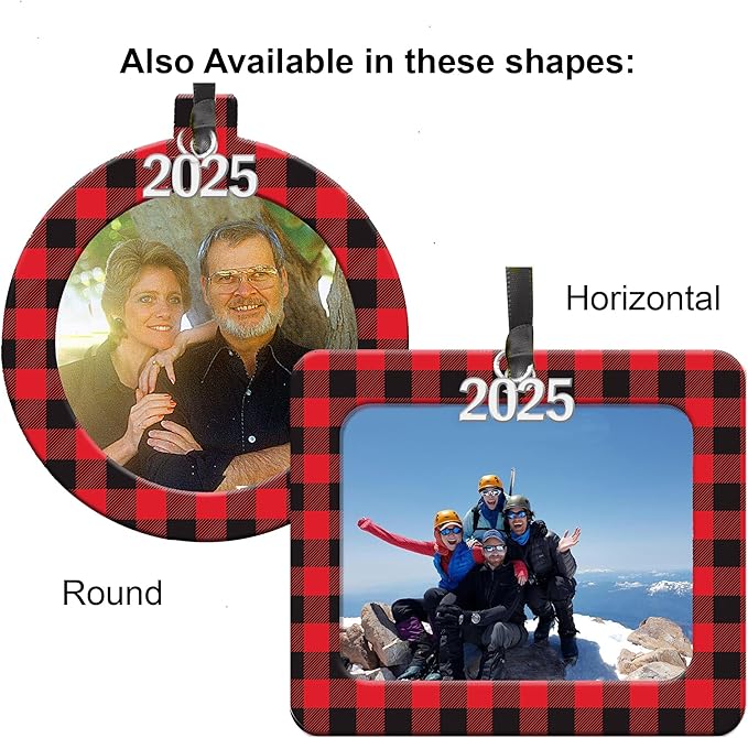 2025 Photo Ornaments for Christmas Tree, Classic Red and Black Buffalo Plaid Christmas Frame Ornament, Easy-Load Magnetic Design, with Satin Ribbon, Silver Charm Plus Photo Protector, Vertical