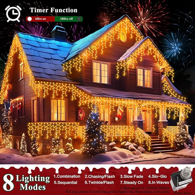 XURISEN 132ft Christmas Lights Decorations Outdoor, 1280 LED 8 Modes Fairy Lights with 240 Drops,Plug in Waterproof Timer Memory Function for Christmas Holiday Wedding Party Decorations(Warm White)