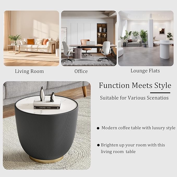 Round Living Room Table Set, 27.56" Black Drum Center Table and 19.69" Grey Coffee Table Set, 2 Pieces Coffee Table Set with Sintered Stone Tabletop, Fluted PU Leather Covered and Metal Base
