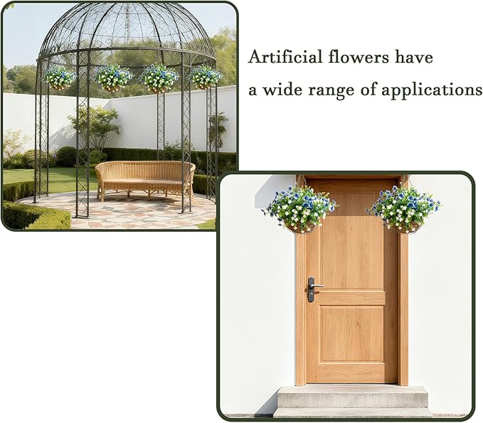 Artificial Hanging Plants Flowers with Basket 2 Packs, Artificial Hanging Flowers for Outdoors, Faux Hanging Plants Outdoor, White+Blue