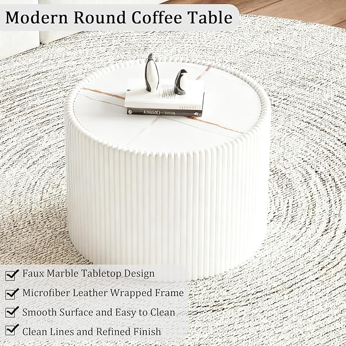 17.71" White Round Coffee Table, Drum Coffee Table with Sintered Stone Tabletop and Fluted PU Leather Covered and Stable Base, Circle Cocktail Tea Table for Living Room
