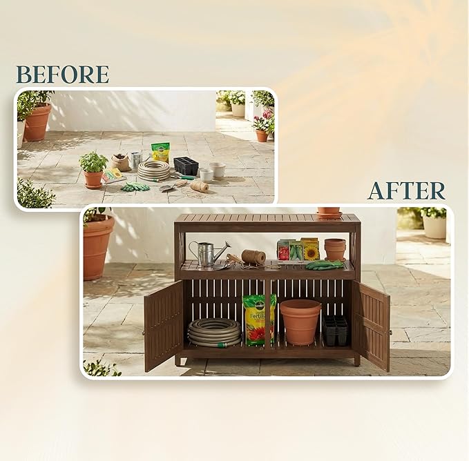 DTY Outdoor Living Longs Peak Eucalyptus Wood Sideboard Table, Outdoor Buffet Cabinet with Storage, Brown Weather-Resistant Finish