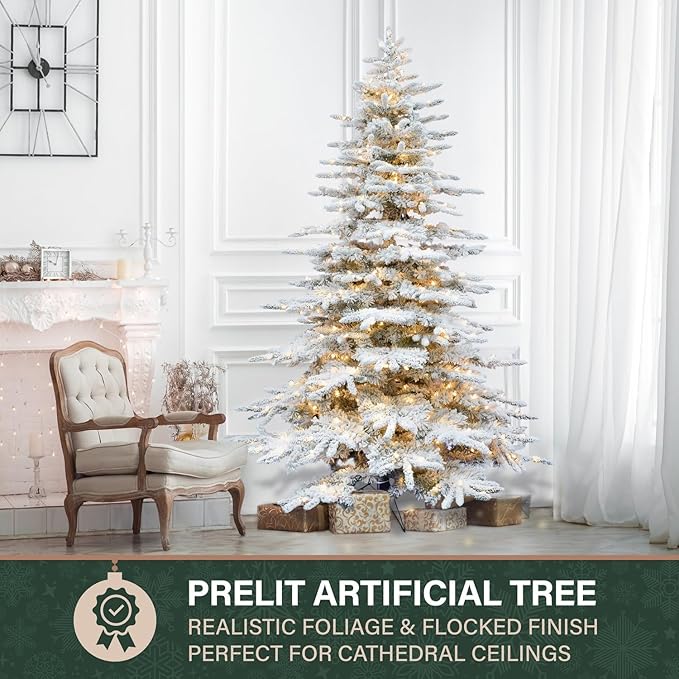 Fraser Hill Farm 10-Ft. Pine Valley Flocked Artificial Christmas Tree with White Incandescent Smart Lights and Stand, Prelit Foldable Fake Tree with Realistic Snowy Foliage for Home Decoration