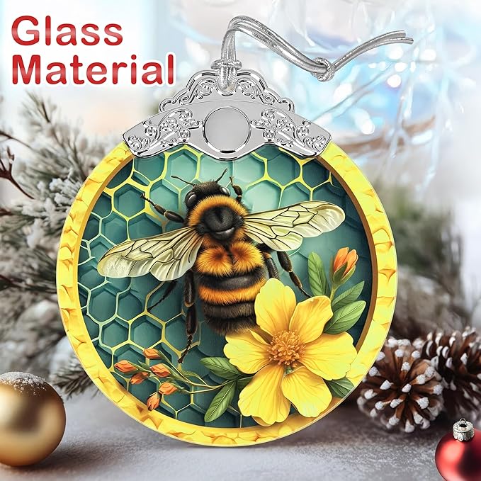 Christmas Decorations Ornaments, Stained Glass Ornament, Christmas Tree Ornaments, 2025 Gift Ornament, Xmas Gift for Friend Family Coworker - Bee