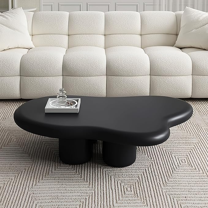 48 Inch Cloud Coffee Table, Modern Black Coffee Table for Living Room, Large Wood Coffee Side Table with Irregular Tabletop and 4 Sturdy Legs for Home Office Bedroom