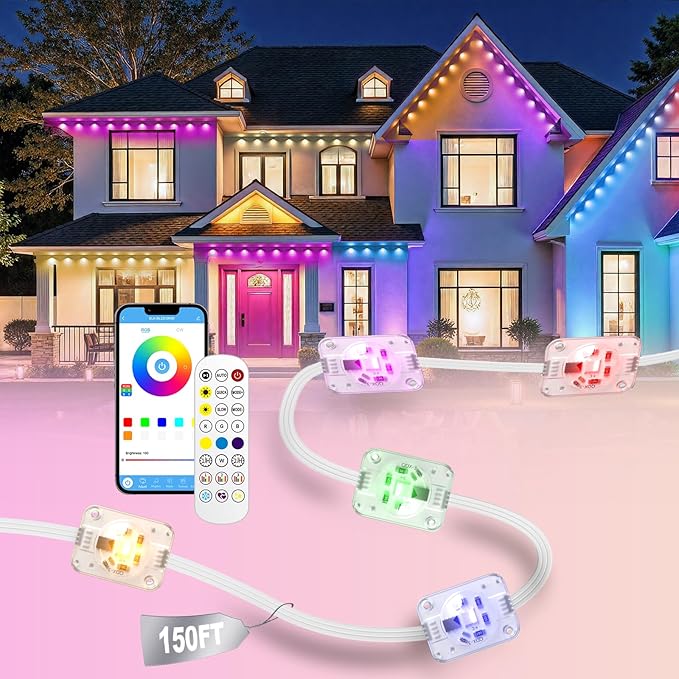 Permanent Outdoor Lights, 150ft RGB+IC Smart LED Eaves Lights, IP67 Waterproof Outdoor Lighting with App/Remote Control for Christmas, Halloween, Holiday, Daily, Party, Ideal for House Roof