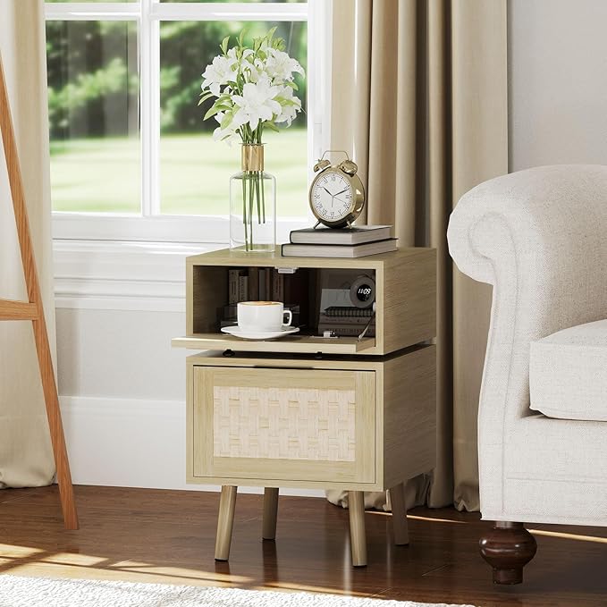 Bonzy Home Nightstand with Storage, 23" Side Table with Woven Doors, Bedside Table with 360° Rotating for Living Room, Bedroom, Oak