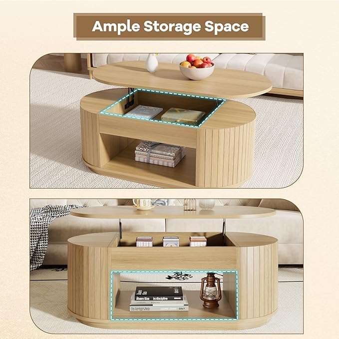Oval Lift Coffee Table, 43 Inch Lift Top Coffee Table with Storage for Living Room, 2-Tier Rustic Lift Up Tabletop Mid Century Center Tables with Hidden Compartment for Apartment, Light Oak Brown