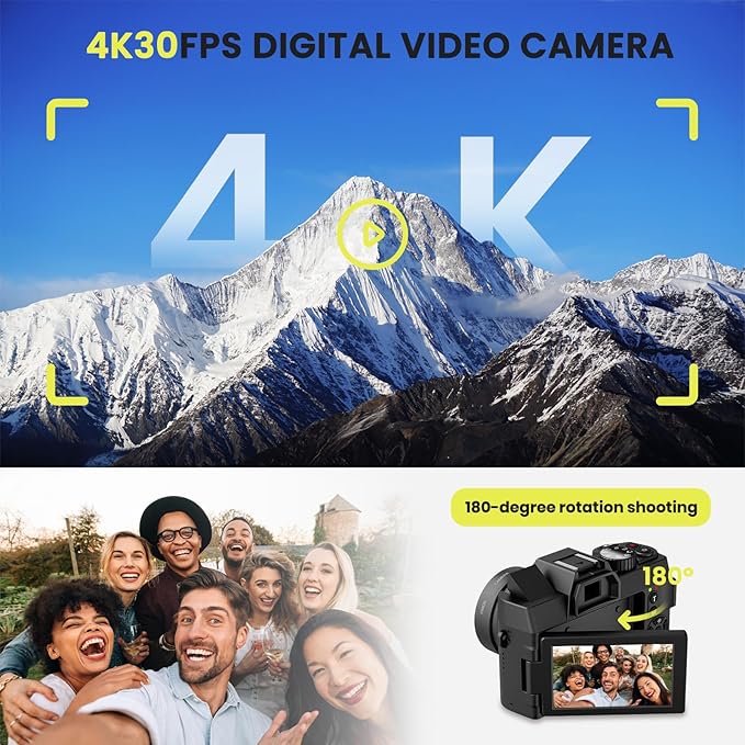 48MP Digital Camera 4K Video 3-Inch LED Display 16X Optical Zoom Auto Focus 180° Flip Screen, 4K Vlogging Cameras Fotograficas for YouTube with 32GB TF Card, 2 Batteries Black