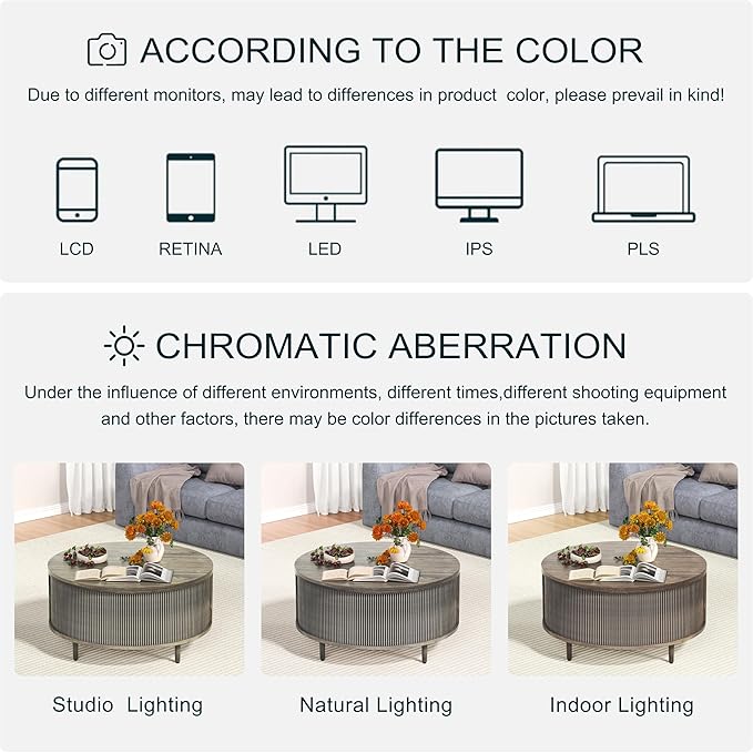Round Coffee Table, 31.5" Fluted Center Table with Storage, Lift-Top Coffee Table with Adjustable Footpads, Sliding Door, Mid-Century Modern Center Table for Living Room, Small Space (Grey)