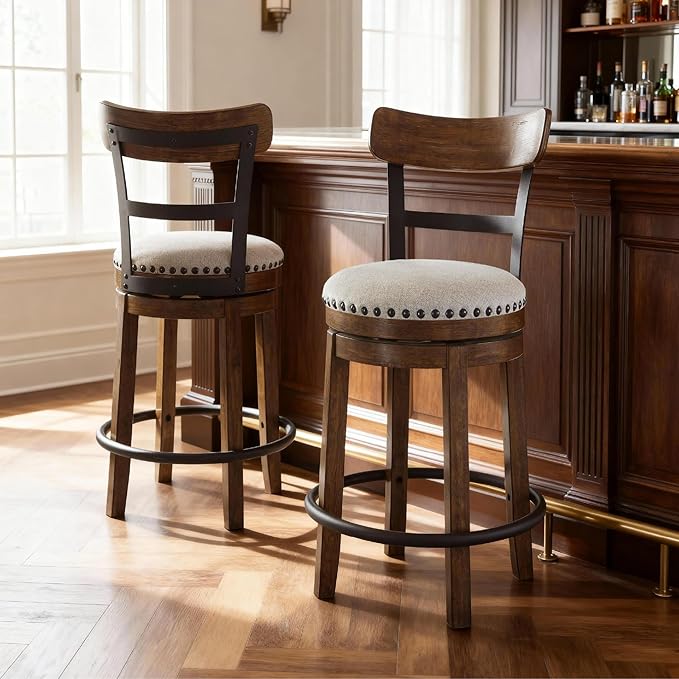 Signature Design by Ashley Valebeck Rustic Farmhouse Swivel Bar Stool – 24.5″ Counter Height, 360° Swivel Metal & Wood Frame, Polyester Upholstery – Brown
