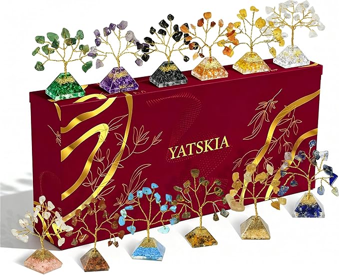 YATSKIA Pyramid Crystal Tree of Life, Birthday Gifts for Women, Crystals and Healing Stones, Home and Office Crystal Decor, Feng Shui Decor, House Warming Gifts New Home (Set of 12 Small Trees)
