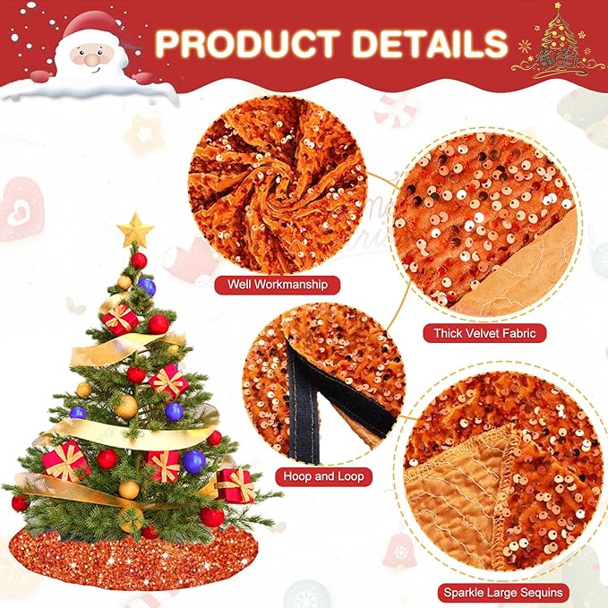 Orange Tree Skirt Large Christmas 48 Inches Tree Skirt Fall Velvet Tree Skirts Burnt Orange Glitter Sequin Christmas Tree Skirt Kit Xmas Tree Base Collar for Thanksgiving Ornaments