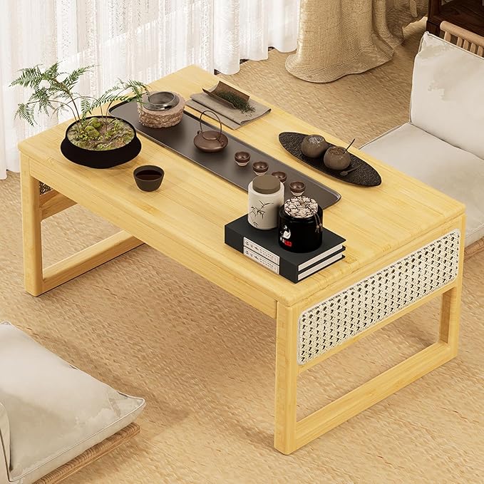 Japanese Floor Coffee Table,Bamboo Low Table for Sitting,Japanese TeaTable for Tatami Living Room Bay Window Meditatio(Wood Color)
