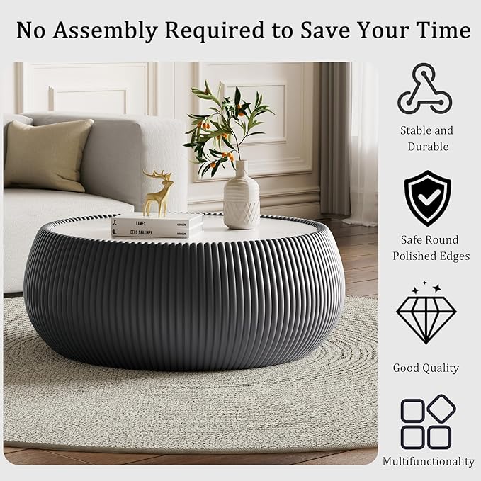 27.55" Grey Round Coffee Table, Drum Coffee Table with Sintered Stone Tabletop and Fluted PU Leather Covered and Stable Base, Circle Cocktail Tea Table for Living Room