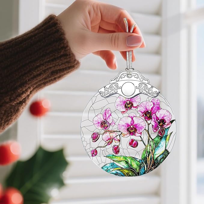 Stained Glass Ornament, Christmas Ornaments, Christmas Decorations for Tree, Holiday Ornament, Gifts for Flower Lovers, Holiday Party Gifts, Gift Ideas & Xmas Gift - Orchid