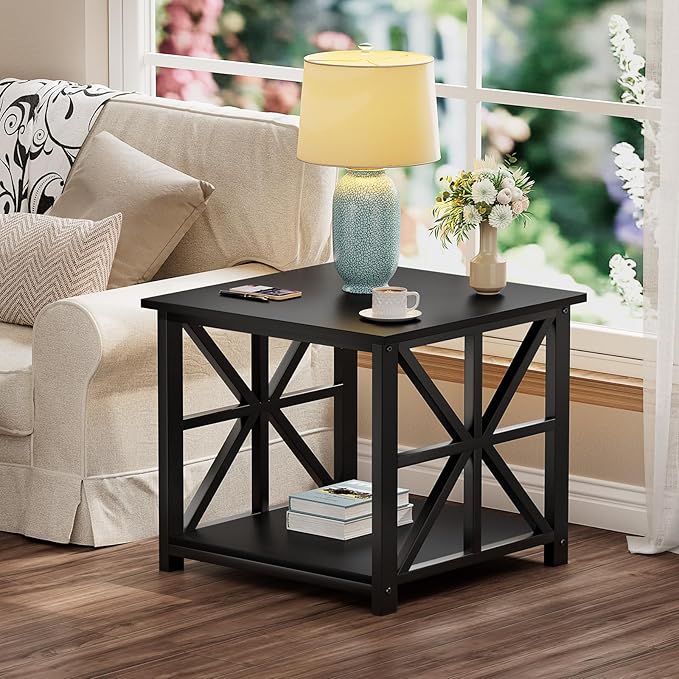 GreenForest End Table with 2-Tier Storage Shelf, 24 inch Large Side Table for Living Room, Modern Nightstand for Bedroom Bedside Office Farmhouse, Black
