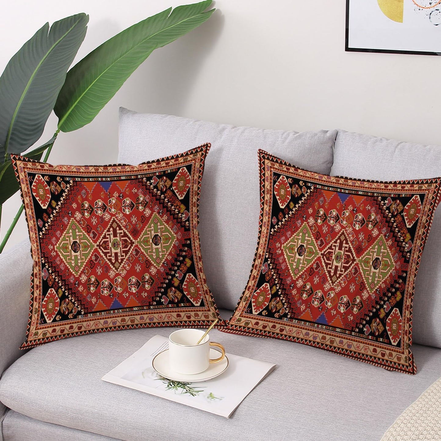 Outdoor Waterproof Pillow Covers 18x18 Inch Set of 2 Tribal Abstract Red and Black Vintage Carpet Pattern Decorative Farmhouse Pillow Covers for Couch Garden Balcony