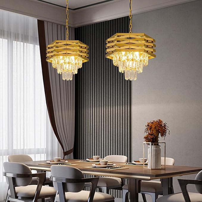 5-Light Gold Crystal Pendant Light 15.75" Modern Crystal Chandelier 3-Tier Luxury K9 Hanging Lighting Fixtures for Dining Room Hallway Living Room Bedroom Foyer Entryway Kitchen Island