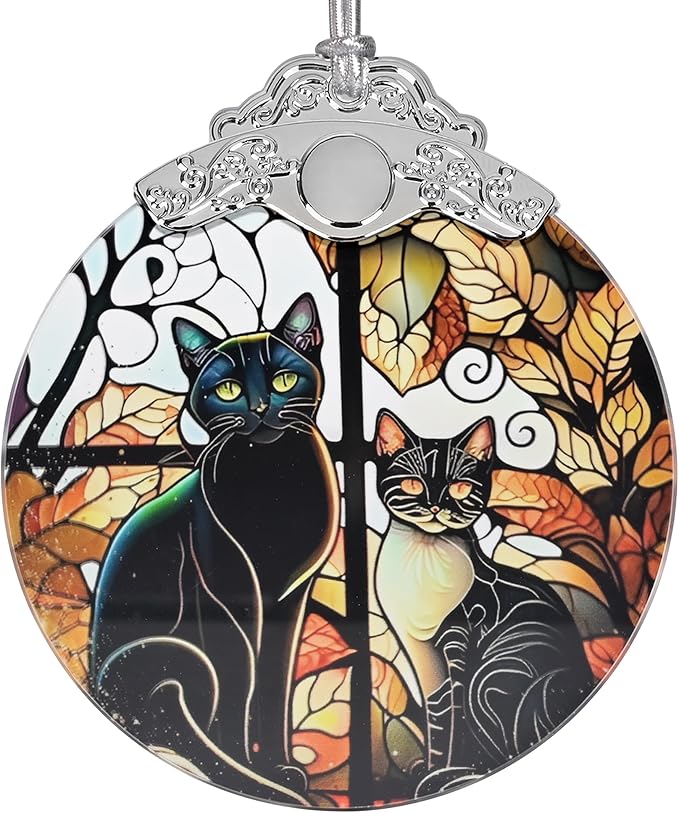 2025 Ornaments for Christmas Tree, Zmoicky Stained Glass Hanging Ornament, Christmas Ornaments Clearance, Gift Exchange Ornament, Bauble Present - Two Black Cat