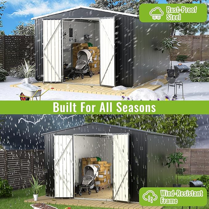 10X10 FT Outdoor Storage Shed, Metal Garden Tool Shed with Updated Frame Structure and Lockable Doors, Ideal for Backyard Garden Patio Lawn